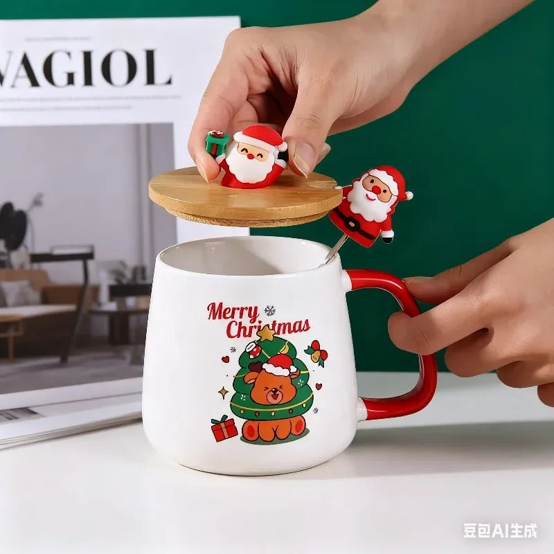 Christmas  ceramic mug with lid and spoon