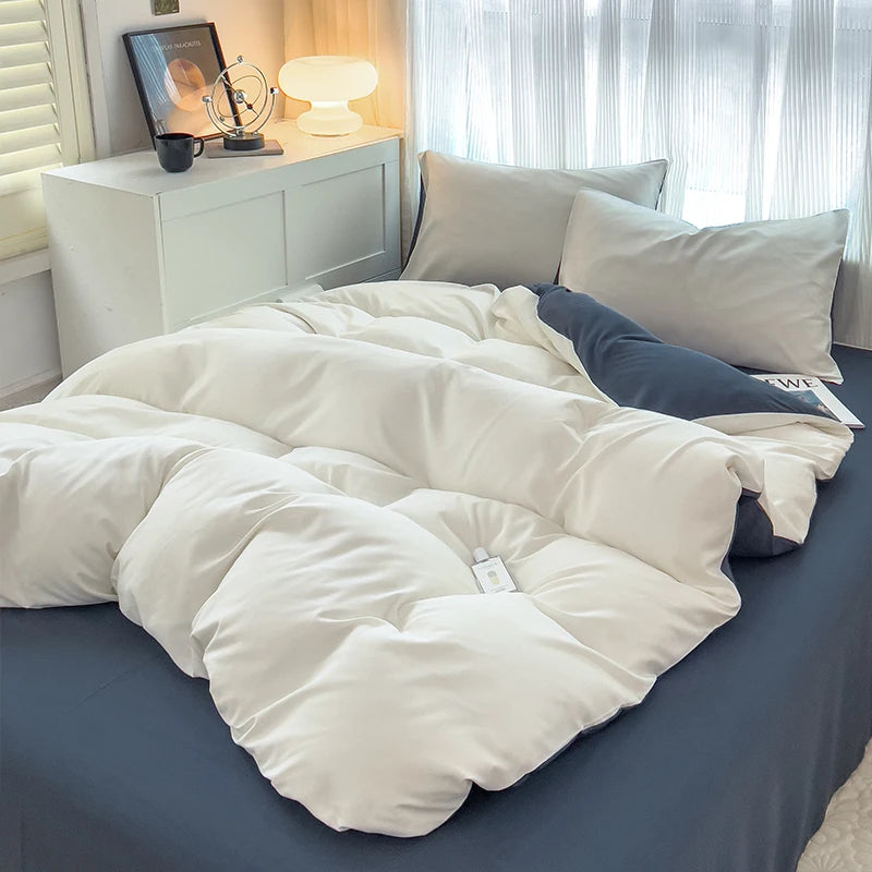 2-side Solid Color Brush Fabric Bed Set- 4 Pieces