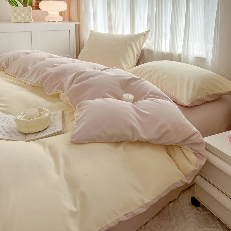 2-side Solid Color Brush Fabric Bed Set- 4 Pieces