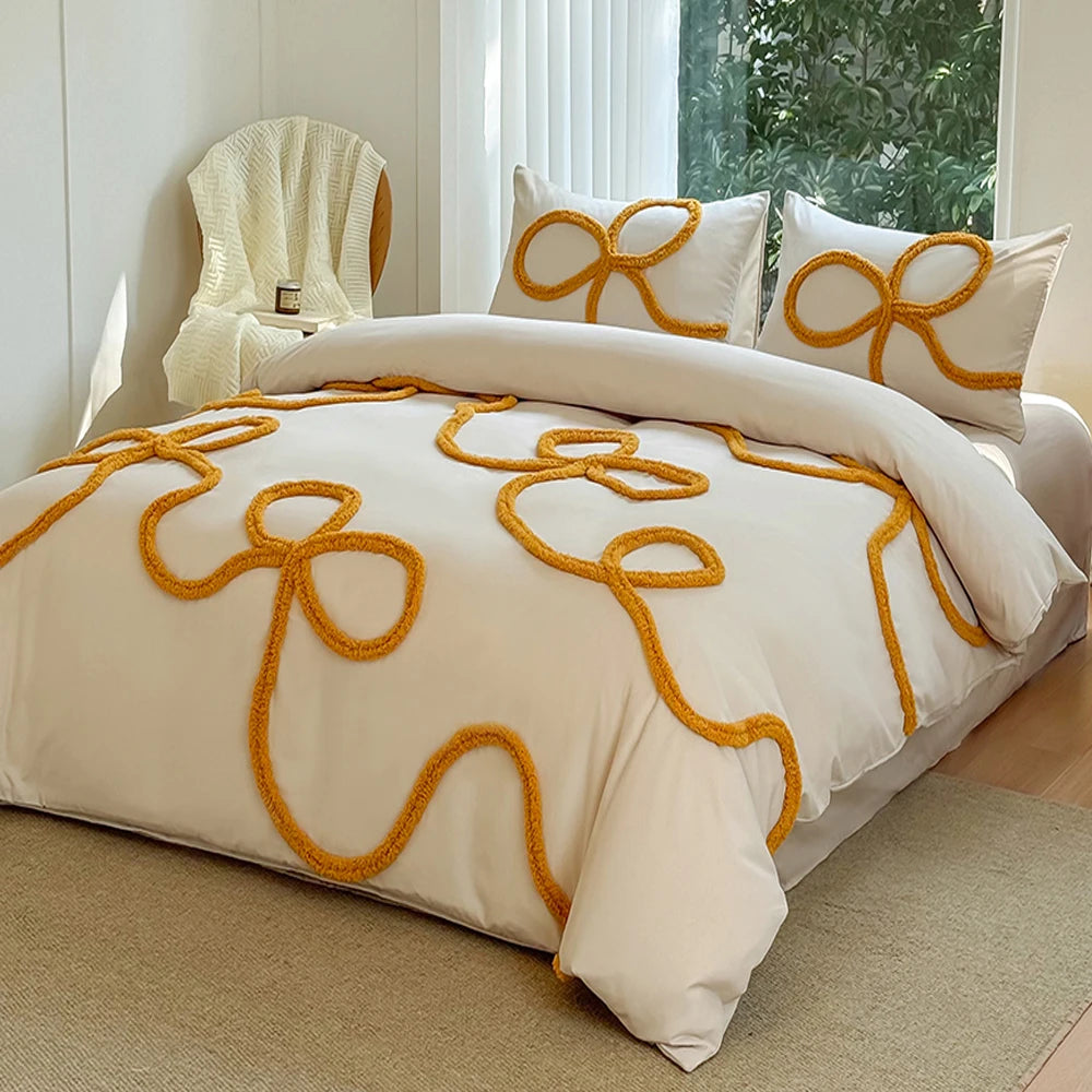 3-piece yellow tufted bowknot bedding cover set