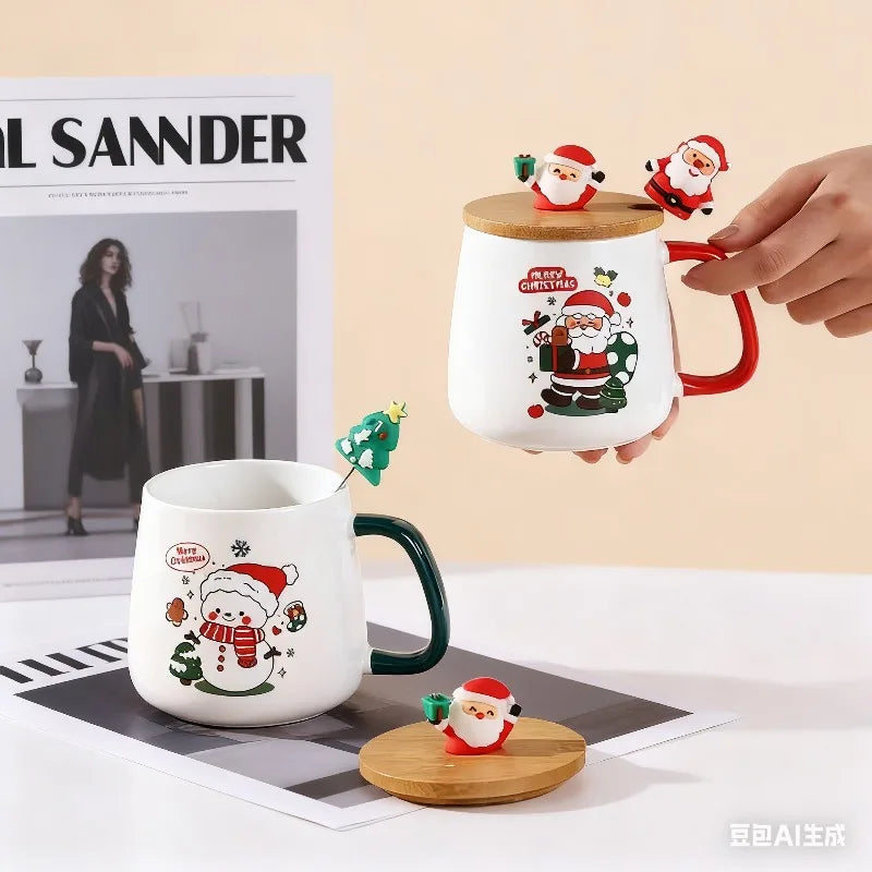 Christmas  ceramic mug with lid and spoon