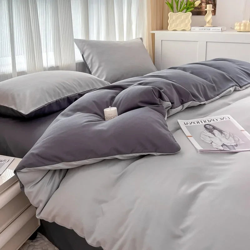 2-side Solid Color Brush Fabric Bed Set- 4 Pieces