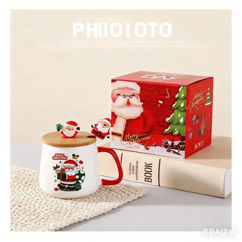 Christmas  ceramic mug with lid and spoon