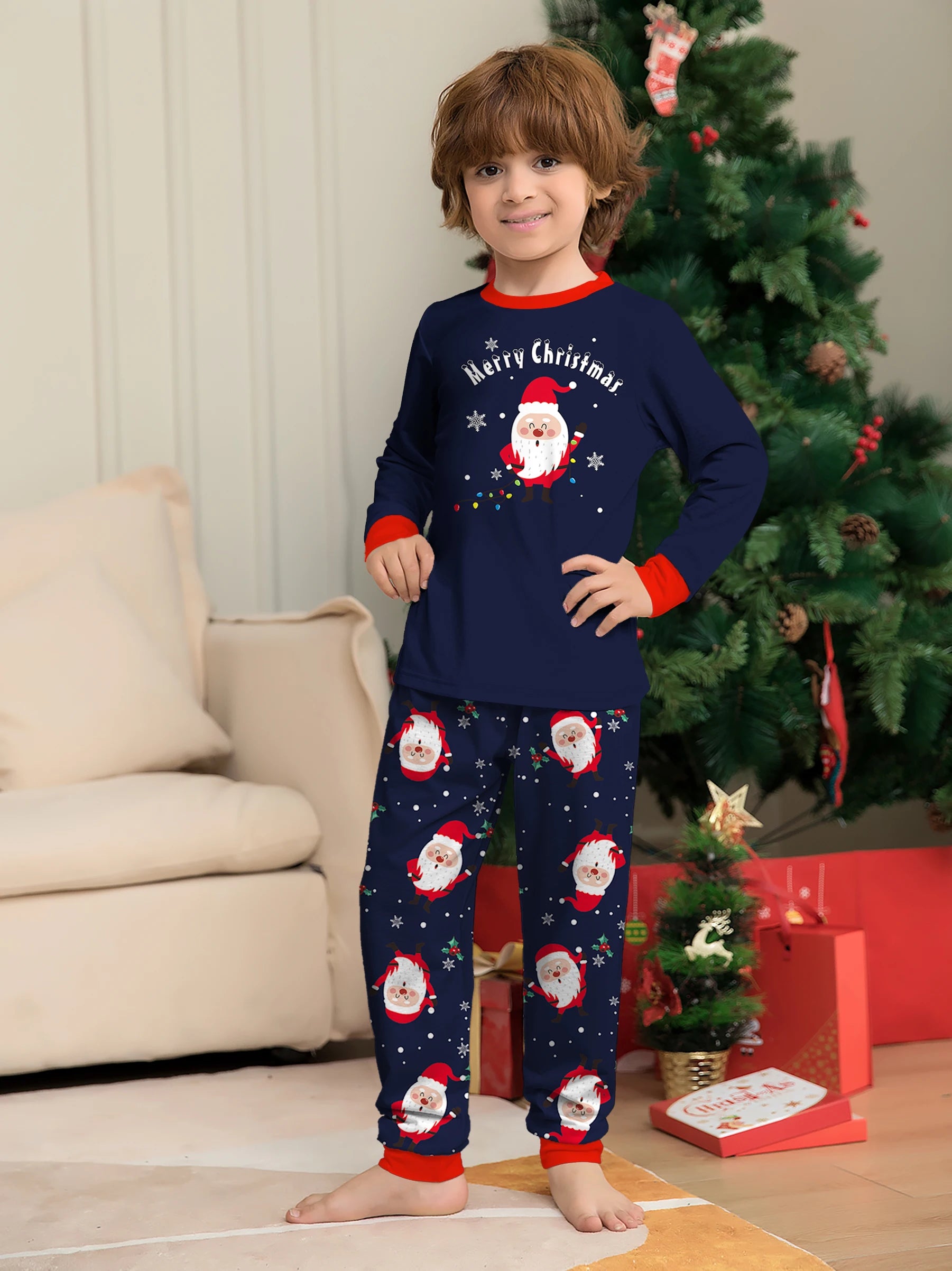 Christmas Family Pajamas - Navy Blue with Santa & Snowflake Prints, Festive Matching Sets for All