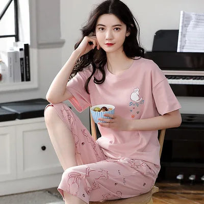 Women Sleepwear Half-Sleeve Seven-Quarter Pajamas