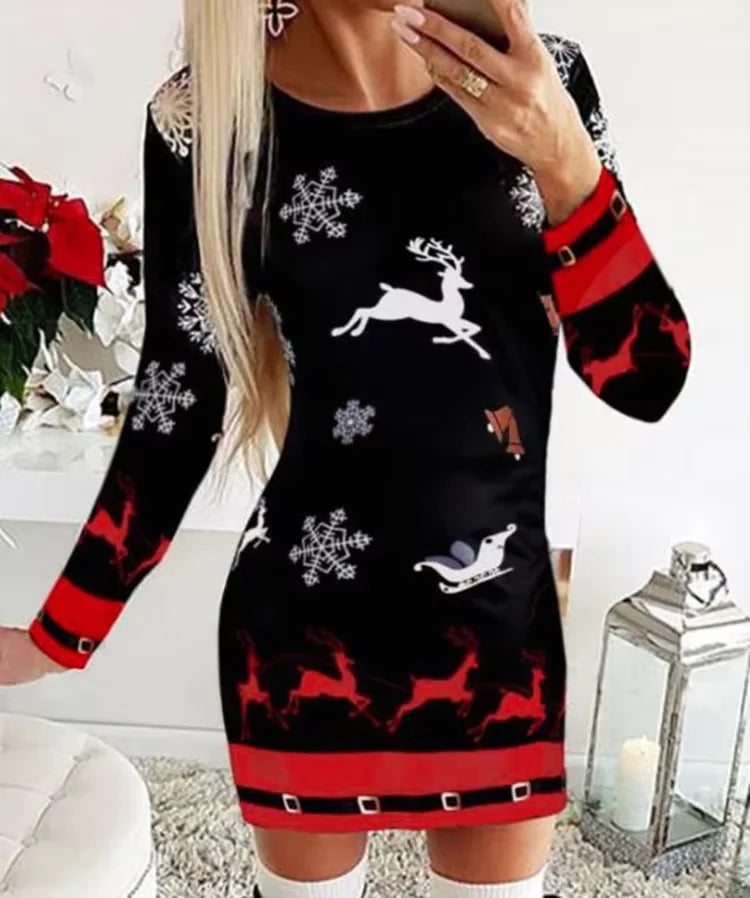 Christmas Dresses for Women Christmas Tree Print Long Sleeve O-neck Casual Bodycon Mini Dress 2022 Fashion Autumn