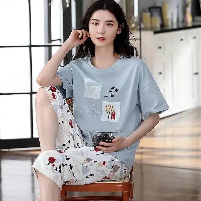 Women Sleepwear Half-Sleeve Seven-Quarter Pajamas