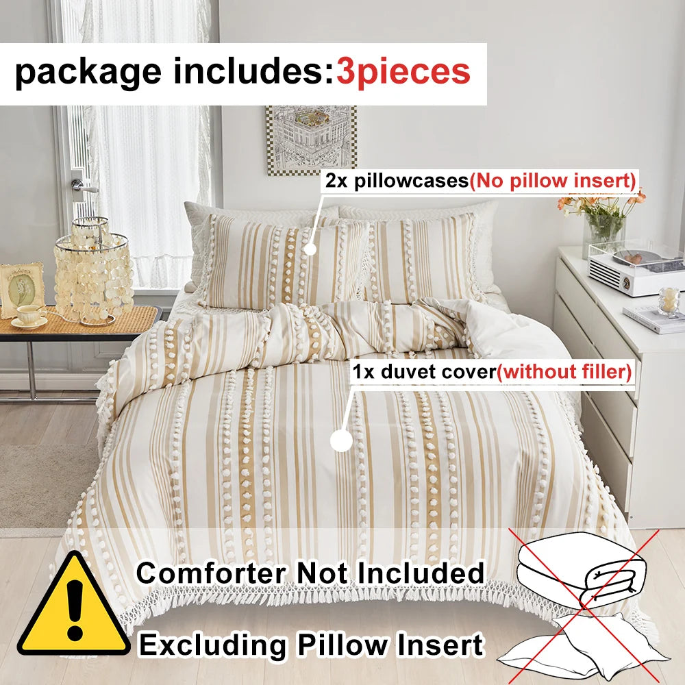 3-Pc Tassel Duvet Cover Set – Soft Polyester, All-Season